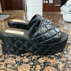 Chanel - open toe leather platform wedges   Barely worn, great condition.